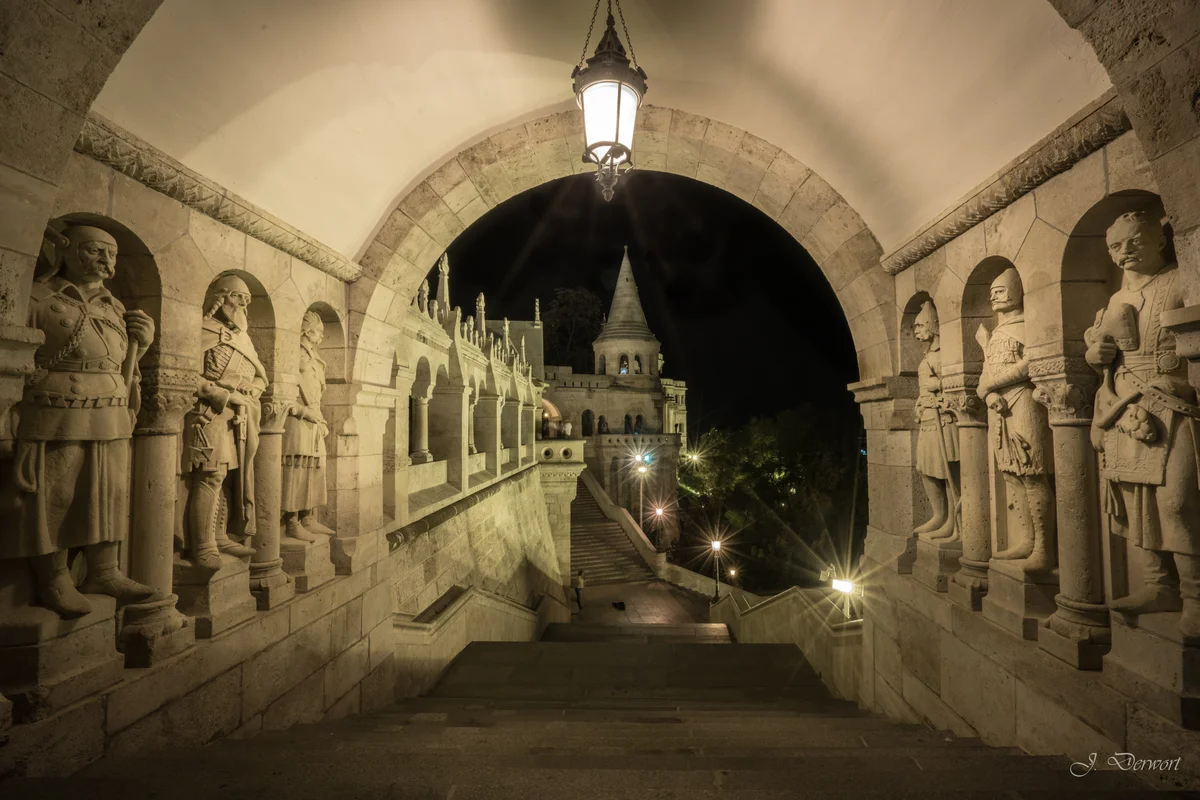 Statues — Fisherman’s Bastion in Budapest after dark