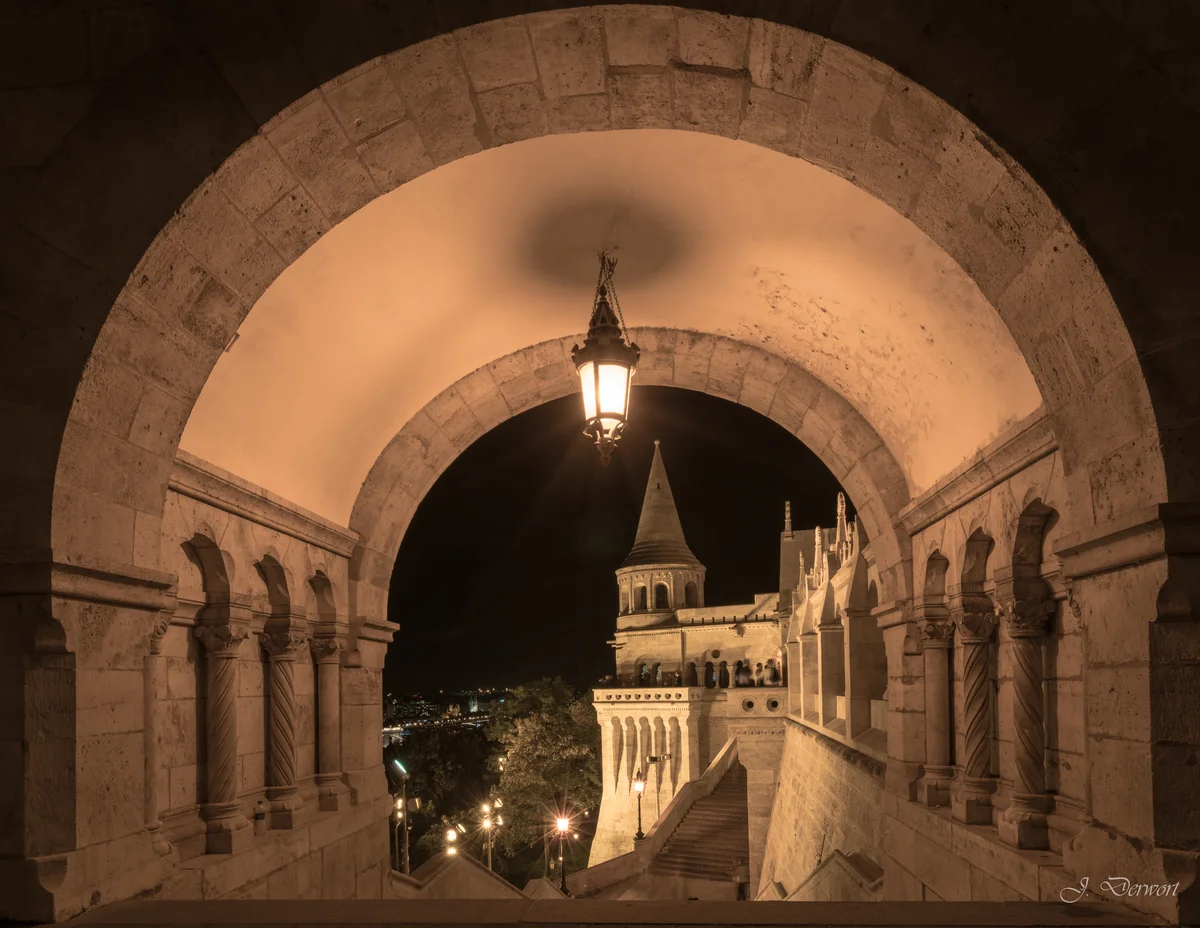 See-through at Fisherman's Bastion — Fisherman’s Bastion in Budapest after dark